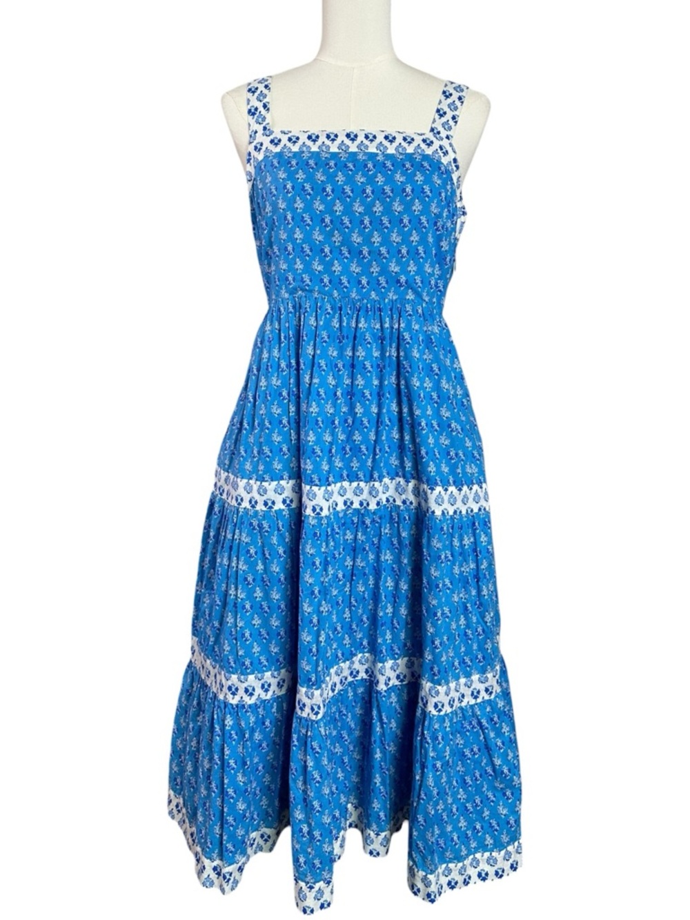 J.Crew Dainty Cottage Smocked Tiered Midi Dress Size 4 Bohemian 70s Block Print - Picture 3 of 10